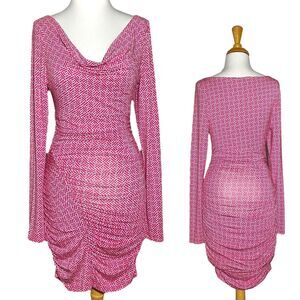 Tart Bodycon Women's Size M Pink Long Sleeve Dress Cowl Neck Ruched Stretchy